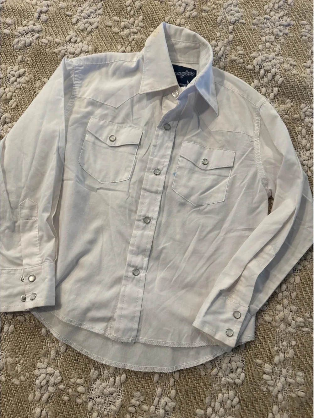 Wrangler boys' white long-sleeve denim shirt with pearl snaps, Size XS (4/5)